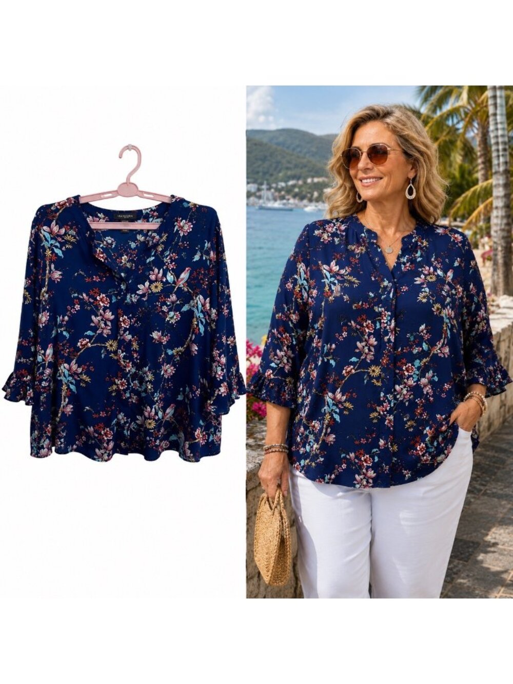 Van Heusen Womens Dark Floral Print 3/4 Sleeve Blouse Blue XXL Boho Whimsy